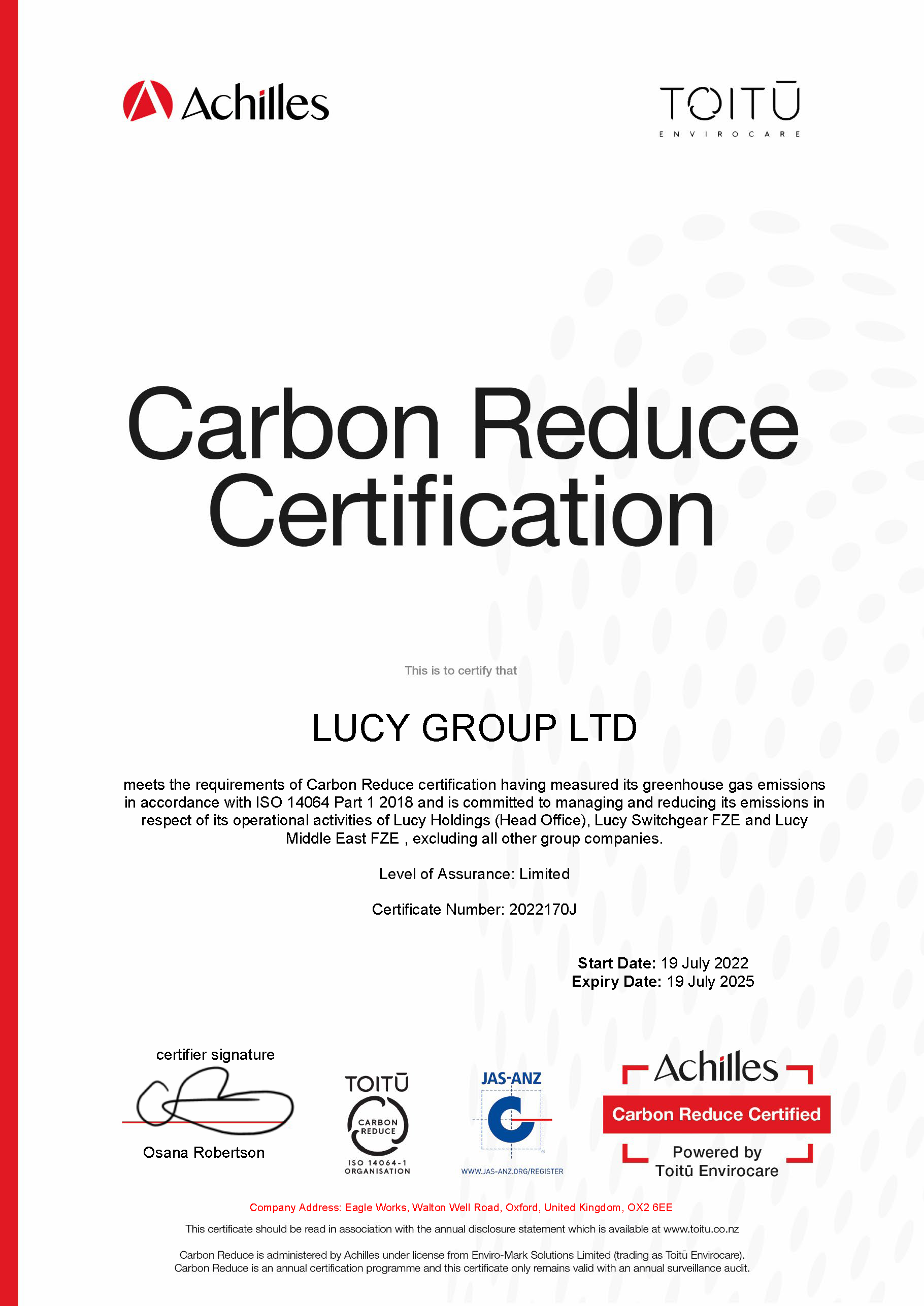 Carbon Reduction Certificate 2022